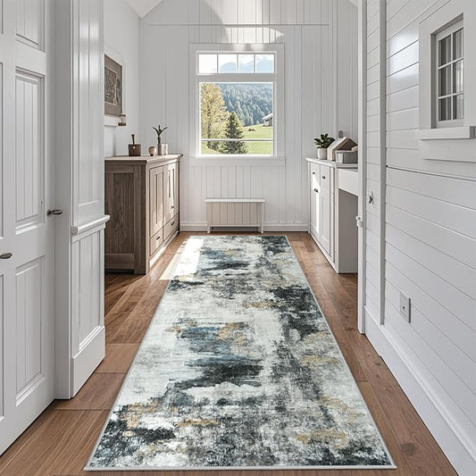 Runner Rug for Hallways Kitchen 2'6"x8' Washable Non Slip: Carpet Non Skid 8ft Entryway Rubber Backed 8 Feet Neutral Abstract Modern Rug Low Pile Pet Friendly Indoor Black Gold