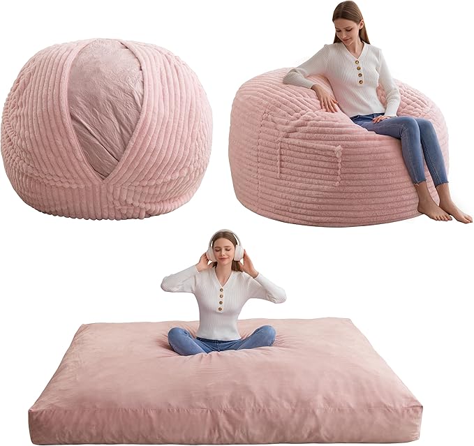 Giant Bean Bag Chair Bed for Adults, Convertible Beanbag Folds from Lazy Chair to Floor Mattress Bed with Machine Washable Cover, Large Floor Sofa Couch with High-Density Foam Filling