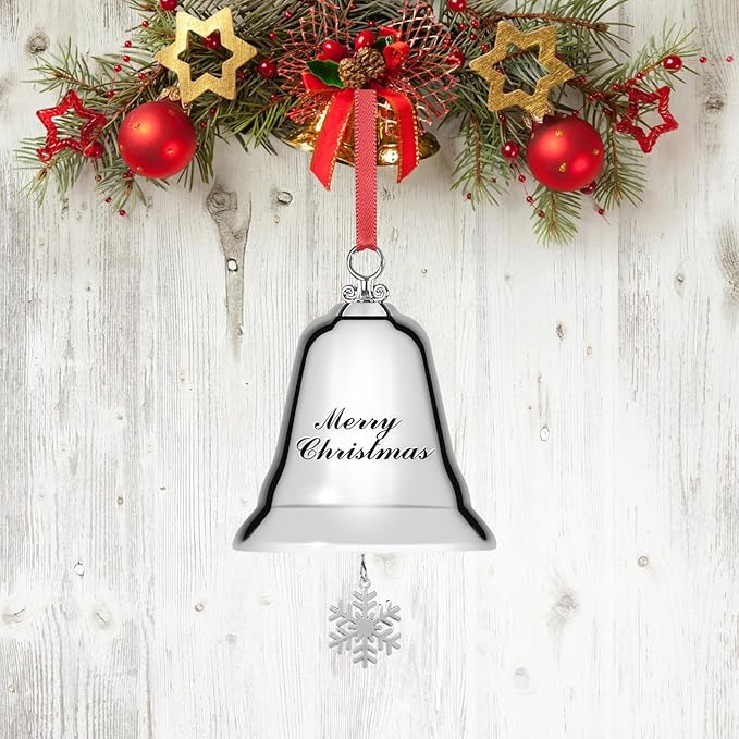 Styleonme Decorative Bells, Christmas Ornaments 2025, Engraved It's Merry Christmas 2025, Silvery Bells Decoration with Pendants Snowflakes