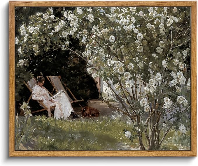 KBKBART Framed Vintage Canvas Wall Art, Retro French Country Garden Women Flower Classical Painting Bedroom Art Print, Rustic Vintage Wall Decor Ready To Hang for Bathroom, Living Room, Office,