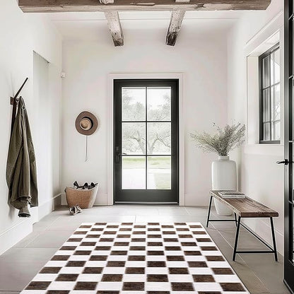 EVERGRACE Checkered Plaid Area Rug 4x6, Soft Fuzzy Faux Wool Rugs Washable Anti Slip Rugs Large Rug Carpet for Entryway Bedroom Living Room Hallway Kitchen Dining Room and Laundry Room, Dark Brown