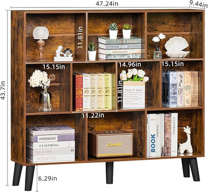 LEYAOYAO 10 Cube Bookshelf,3 Tier Modern Wide Bookcase with Legs,Mid-Century Wood Bookshelves Storage，Brown Large Book Case,Freestanding Organizer Display Shelf for Bedroom,Living Room,Office