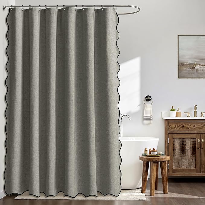 MIULEE 84" Long Scalloped Shower Curtain Linen Textured with 12 Metal Hooks Cute Extra Long Heavy Duty Washable Waterproof Cloth Shower Curtains with Black Border for Bathroom Hotel Bathtub,Grey