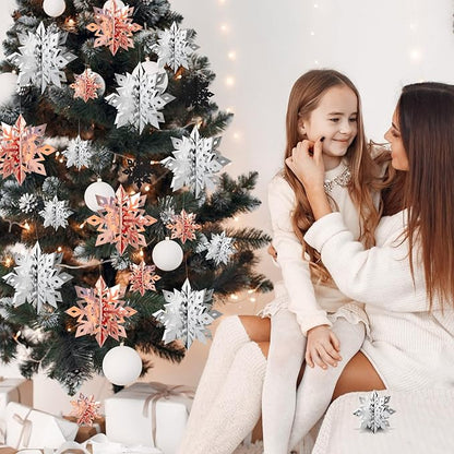 OuMuaMua Winter Christmas Snowflake Decorations Indoor, 36PCS 3D Silver Rose Gold Snowflakes Christmas Hanging Ornaments for Home Xmas Christmas Holiday Winter Wonderland New Year Party Decor Supplies