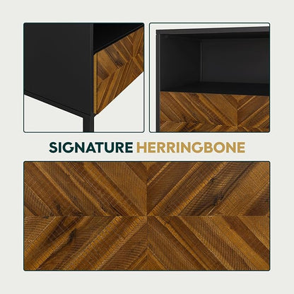 Bme Vivian Side Tables Bedroom, Solid Wood Bed Side Table, Mid Century Modern End Table with Drawer, Herringbone Pattern, Compact for Bedroom & Living Room, Easy Assembly, Chestnut