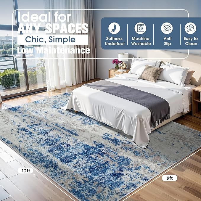9x12 Area Rugs for Living Room Rug Washable: Abstract Large Rug for Dining Room Bedroom Carpet Non Slip 9 by 12 Indoor Modern Nursery Home Office Blue Grey White