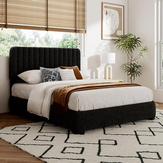 Full Size Boucle Bed Frame, Upholstered Cloud Platform Bed Frame with Adjustable Headboard, Vertical Tufted, Soft Rounded Corners, No Box Spring Needed, Noise Free Design, Easy Assembly, Black