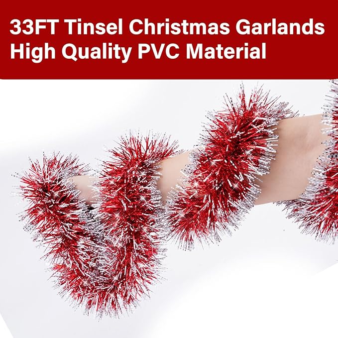 33FT Red Tinsel Christmas Garland Metallic Twist Shiny Garland for Christmas Tree Decorations, Xmas Holiday Hanging Garland for Home Indoor Outdoor Party Supplies Decor (Red)