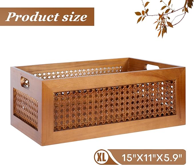 Wooden Storage Basket Large Handmade Rattan Drawer Storage Box with Frame & Handles Decorative Natural Bamboo Woven Bins Rustic Farmhouse Decor Home Office Tabletop Shelf Organizer 15" x 11" x 5.9"