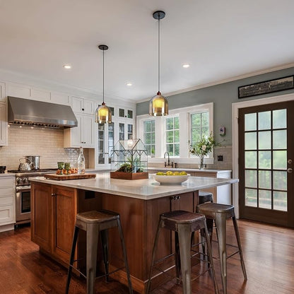 Aisilan Large Gold Pendant Light Fixture Modern Amber 7" Glass Pendant Lights Adjustable Vintage Pendant Light with 5W E12 Bulb Hanging Light Fixture for Kitchen Island Living Room Dining Room