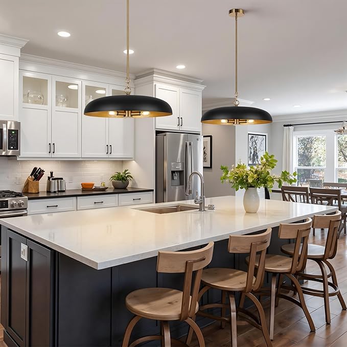 LamQee 20 Inch Oversized Large Pendant Lights, 3-Lights Black and Gold Modern Dome Chandelier, Industrial Metal Pendant Lighting Fixture Ceiling Hanging for Kitchen Island, Dining Room Over Table, Bar