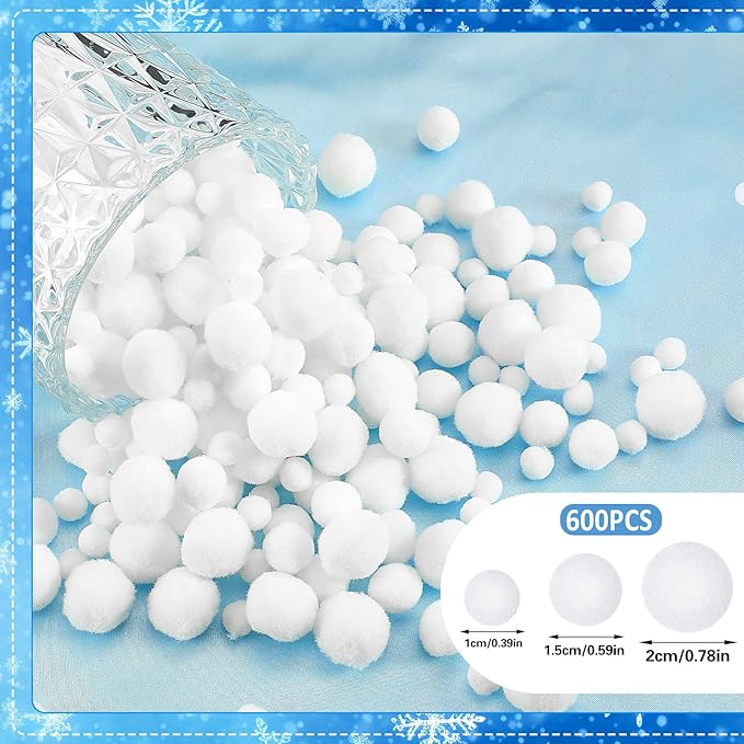 UPINS Christmas Pom Poms Balls, 600 Pieces Light White Pompoms Pom Poms for Crafts Making DIY Holiday Christmas Decorations Supplies (3 Size )