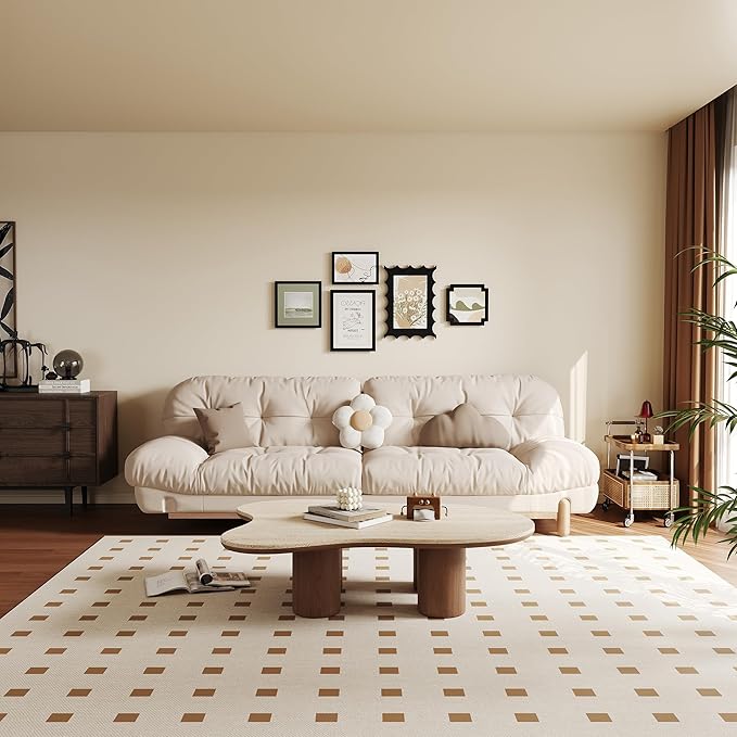48.42" Cloud Coffee Table for Living Room, Mid-Century Modern Coffee Table with Wood Legs, Unique Travertine Stone Top Living Room Table Large Tea Table for Home Office