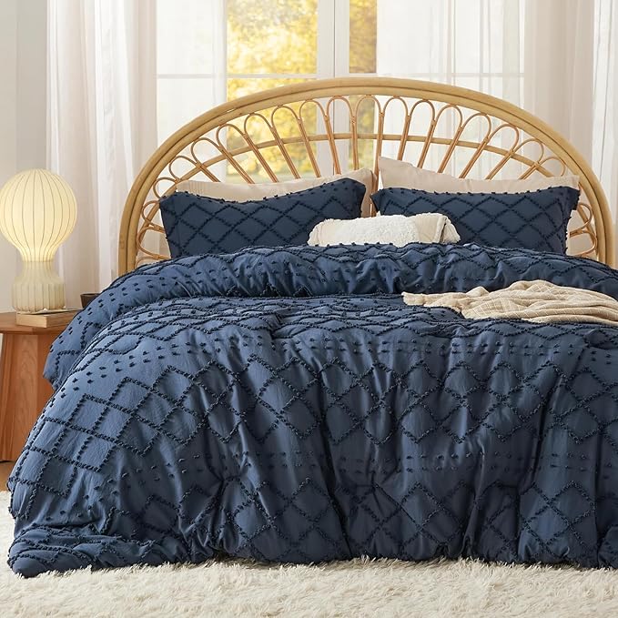 Bedsure Twin Comforter Set - Navy Blue Comforter, Boho Tufted Shabby Chic Bedding for Kids, 2 Pieces Vintage Farmhouse Bed Set for All Seasons, Fluffy Soft Bedding with 1 Pillow Sham