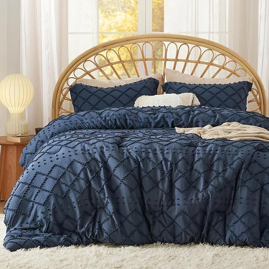 Bedsure Twin Comforter Set - Navy Blue Comforter, Boho Tufted Shabby Chic Bedding for Kids, 2 Pieces Vintage Farmhouse Bed Set for All Seasons, Fluffy Soft Bedding with 1 Pillow Sham