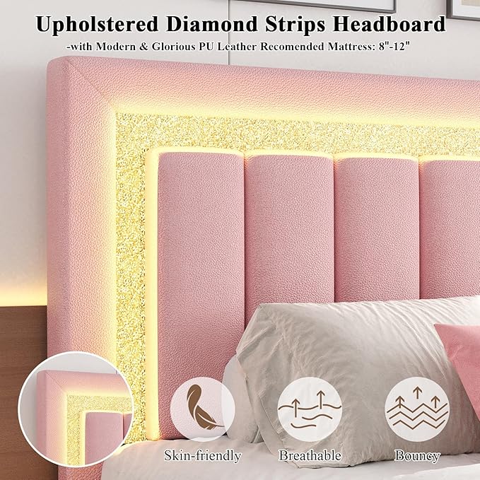 HOMBCK Floating Bed Frame Full with Smart LED Lights, Faux Leather Upholstered Platform Bed with Diamond PU Headboard, No Box Spring Needed, Noise-Free, Easy Assembly, Pink