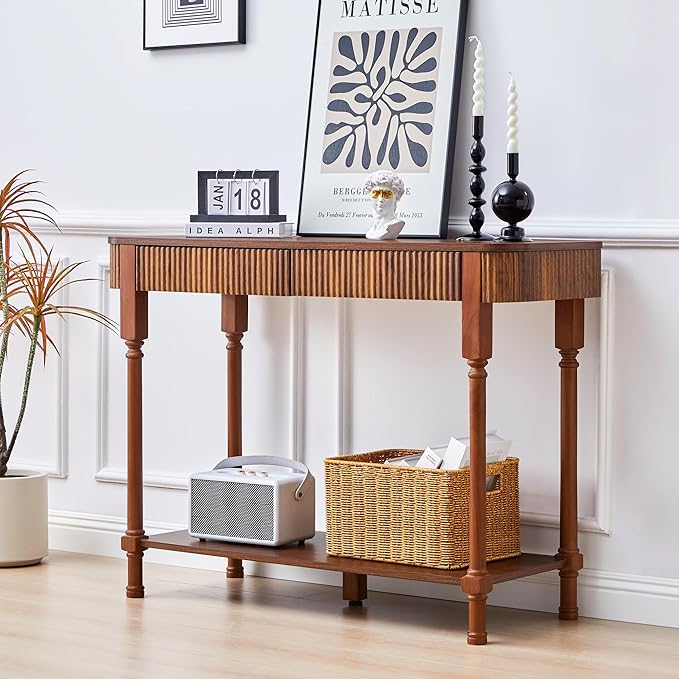 43.3'' Fluted Console Table for Entryway, Narrow Entryway Tables with 2 Wooden Drawers, Retro Sofa Table Behind Couch Accent Tables for Foyer, Living Room, Hallway (Walnut)