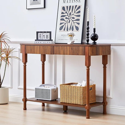 43.3'' Fluted Console Table for Entryway, Narrow Entryway Tables with 2 Wooden Drawers, Retro Sofa Table Behind Couch Accent Tables for Foyer, Living Room, Hallway (Walnut)