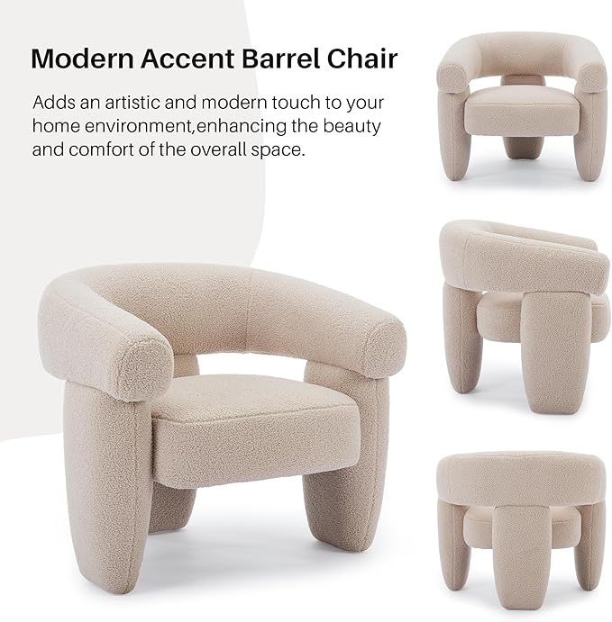 Mid Century Modern Accent Barrel Chair Comfy Upholstered Round Armchair with Montage Design, Sherpa Boucle Lounge Chair for Living Room Bedroom Apartment, Light Brown