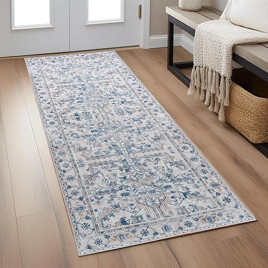jinchan Vintage Floral Washable Runner Rug 2x6 Non-Slip Low Pile Carpet, Blue