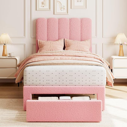 GarveeHome Twin Bed Frame with Under-Bed Drawer, Upholstered Platform Bed with Wave Headboard for Kids/Girls, Wooden Slats Support, No Box Spring Needed, Boucle Pink