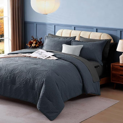 Geniospin Twin Comforter Set - 5 Pieces Blue Gray Textured Bed in Bag, Twin Bedding Sets with Comforter, Sheets, Pillowcases & Shams，All Season Blue Gray Bedding