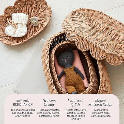 BEBE BASK The Original Scalloped Basket Set Of 2 - Small Scallop Basket - 15 x 10 x 6 In - Hand-Woven & Award-Winning - Elegant Wicker With Scalloped Edge Lid - Nursery Storage - (Mocca)