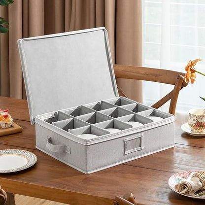 StorageWorks China Storage Container, Stackable Mug Storage Box with Dividers, Stemware Storage Cases, Hard Shell China Cup Organizer, Holds 12 Tea Cups and Coffee Mug, 1 Pack, Light Gray
