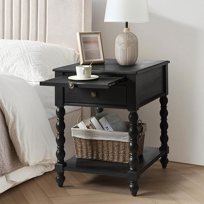 HULALA HOME Spindle Nightstands with Charging Station, Solid Wood Nightstand with Drawer Shelf, Side Table with Pull-Out Shelf (Charcoal)