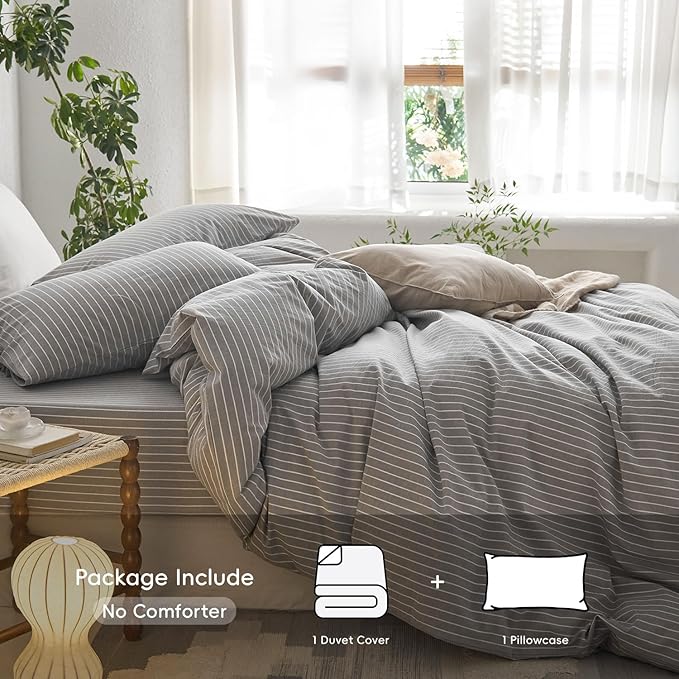 MooMee Striped Duvet Cover Set 100% Washed Cotton Linen Like Textured Breathable Durable Soft Comfy (Light Grey White Wide Stripes, Twin 68"x90")