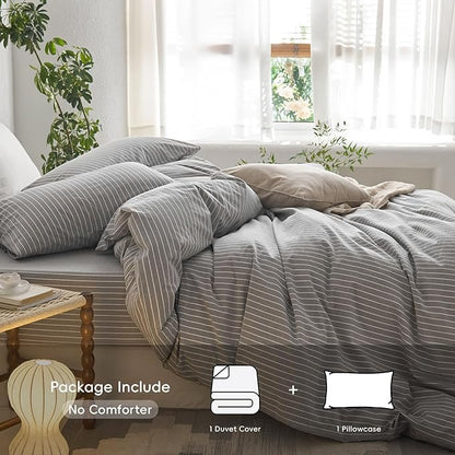 MooMee Striped Duvet Cover Set 100% Washed Cotton Linen Like Textured Breathable Durable Soft Comfy (Light Grey White Wide Stripes, Twin 68"x90")