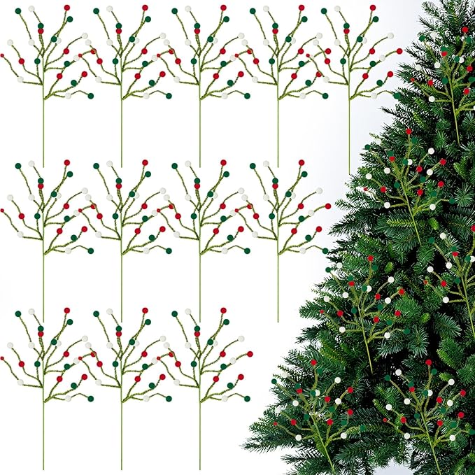 Soulchen 12 Pcs 16 Inch Christmas Pom Poms Picks Felt Tree Decorations Artificial Red White Green Christmas Ornaments Fake Berry Twig Spray Branches Decor for Holiday Xmas Tree Home Vase DIY Crafts