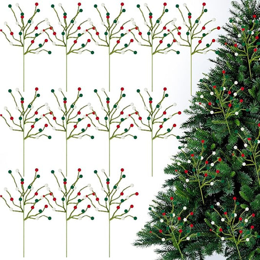 Soulchen 12 Pcs 16 Inch Christmas Pom Poms Picks Felt Tree Decorations Artificial Red White Green Christmas Ornaments Fake Berry Twig Spray Branches Decor for Holiday Xmas Tree Home Vase DIY Crafts