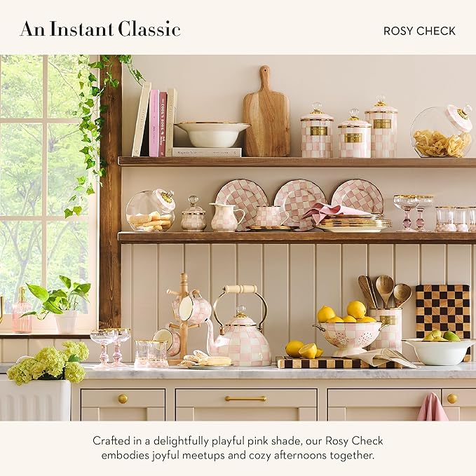 MACKENZIE-CHILDS Enamel Oval Platter, Serving Plate for Entertaining, Medium, Pink-and-White Rosy Check