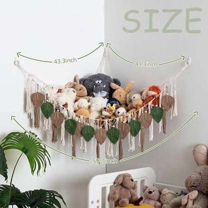 Pretty Jolly Stuffed Animal Storage with Hand Woven Leaf Tassels Hammock Corner Hanging Net Boho Macrame Plush Storage for Kid Room Nursery Decor Wall Display for Girls Gift(Green&Coffee)