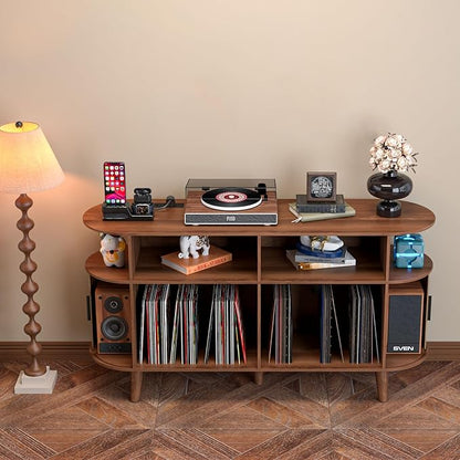 Large Round Record Player Stand with Charging Station & USB Ports，Record Storage Cabinet, Mid Century Modern Turntable Stand Console for Bedroom Living Room (Walnut)