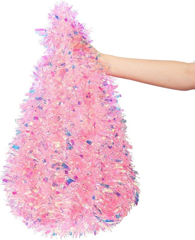 50 Feet Pink Christmas Tinsel Garland for Christmas Tree Decorations, Xmas Metallic Twist Shiny Hanging Garland Decor for Mantle Stairs Fireplace Home Holiday Indoor Outdoor