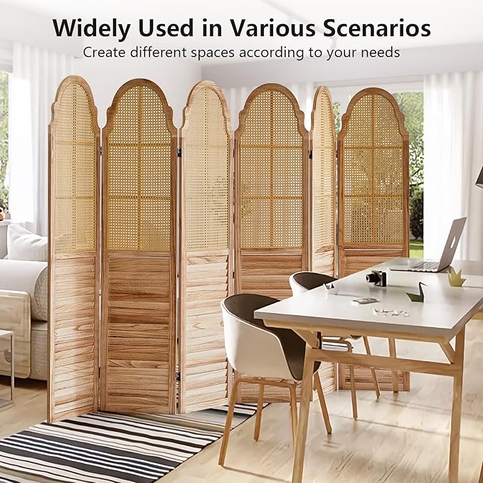 6 Panels Room Divider, Rustic Rattan Room Divider, Wood Folding Privacy Screen, Foldable Wood Divider Wall, Separate Portable Partition Screen, Wall Divider for Room Separation (Natural)