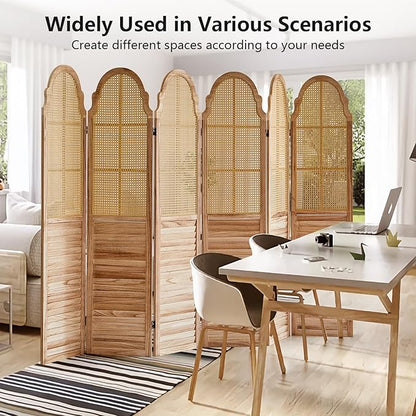6 Panels Room Divider, Rustic Rattan Room Divider, Wood Folding Privacy Screen, Foldable Wood Divider Wall, Separate Portable Partition Screen, Wall Divider for Room Separation (Natural)