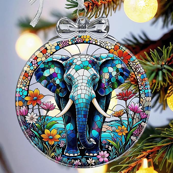 Elephant Christmas Ornament for Christmas Decorations Crystal Glass- Xmas Gifts for Elephant Lover, Holiday Keepsake Present Exchange Ideas