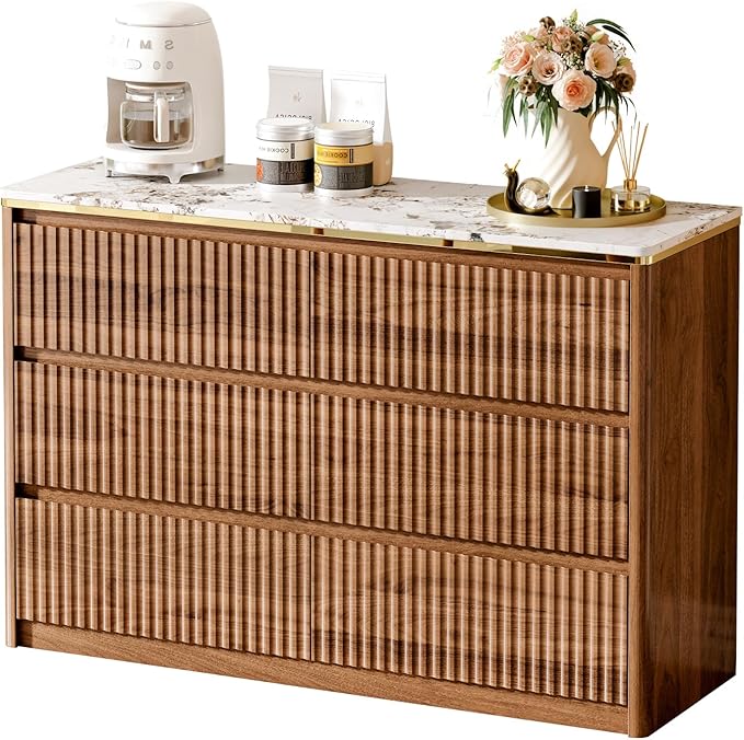 Fluted Dresser for Bedroom with 6 Drawers, 47.2" Modern Chest of Drawers with Faux Marble Top, Curved Profile Design,Dresser TV Stand, Wood Drawer Organizer for Living Room, Hallway, Walnut
