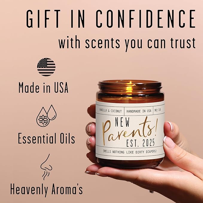 New Parents Gifts for Couples - 'New Parents Est 2025' Candle, w/Coconut, Vanilla I Mom and Dad Gifts for New Parents After Birth I First Time Parents Gift I Expecting Parents I 50 Hr Burn, USA Made