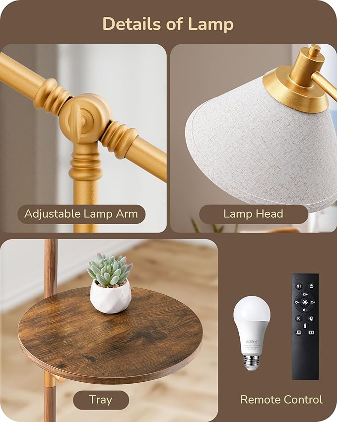 EDISHINE 68" Arc Floor Lamp with Table, Vintage Standing Lamp for Living Room Tall Reading Lamp, Beige Shade, Adjustable Arm, Remote Dimmable Bulb Included, for Bedroom Office, Wood Grain