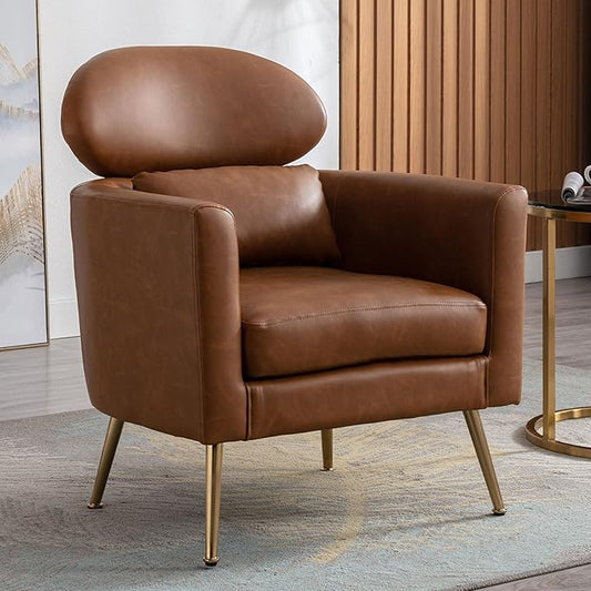 Brown Accent Chair PU Leather Upholstered Living Room Chairs Mid Century Modern Arm Chair w/Golden Legs for Bedroom/Reading/Lounge/Reception