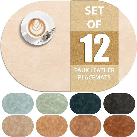 ADRIMER Placemats, Heat Resistant Oval Placemats Set of 12 Washable 12 x 17 Inch, Waterproof Table Mats, Wipeable Pu Place Mats for Kitchen, Dining Room, Beige
