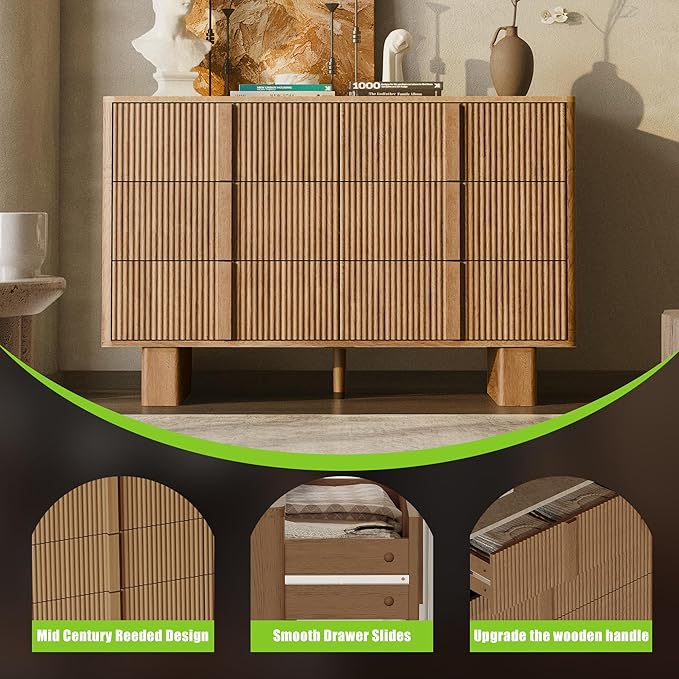 Fluted Dresser for Bedroom with 6 Drawers,47" Wide Modern Chest of Drawers with Wooden Handle, Wooden Dresser TV Stand, Wood Closet Clothes Storage Organizer for Living Room, Hallway, Natural Oak