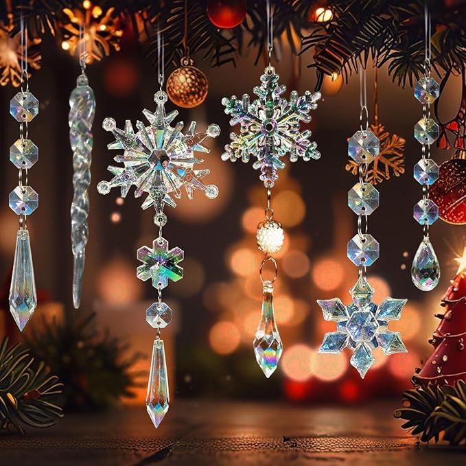 48pcs Christmas Crystal Ornaments for Tree - Iridescent Christmas Tree Ornaments Acrylic Snowflakes Drop Icicle Pendants Hanging Ornaments for Xmas Trees Winter Holiday Frozen Party Decorations
