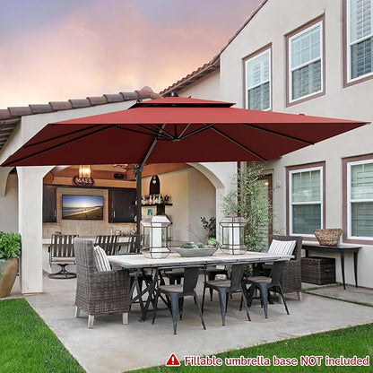 9x12FT Red Cantilever Outdoor Patio Umbrella with Base, Large Rectangular Offset Design, Double Top Heavy Duty Aluminum Frame & 360° Rotation for Pool Garden Deck Backyard