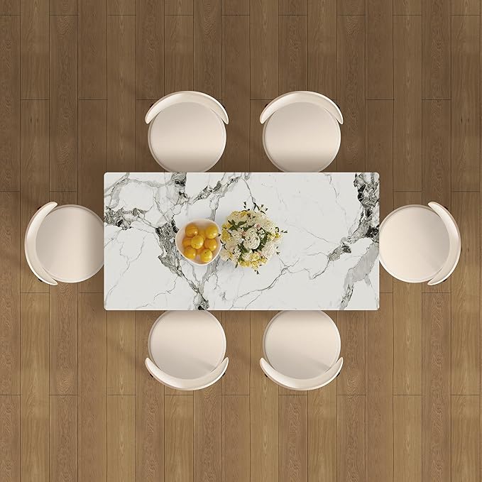 Montary 63" Modern 4-6 Person Dining Table with Storage Cabinet, Artificial Marble Dining Table with Sintered Stone Tabletop & Golden Solid Wood Base, Includes 6 Cream PU Chairs for Kitchen