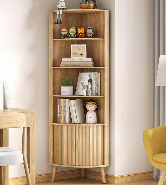 5-Tier Corner Shelf, 66.73''Tall Modern Corner Bookshelf, 5 Shelf Bookcase with 2 Fluted Doors, Freestanding Wood Corner Display Storage Shelf Organizer for Living Room, Office (Wood Color)